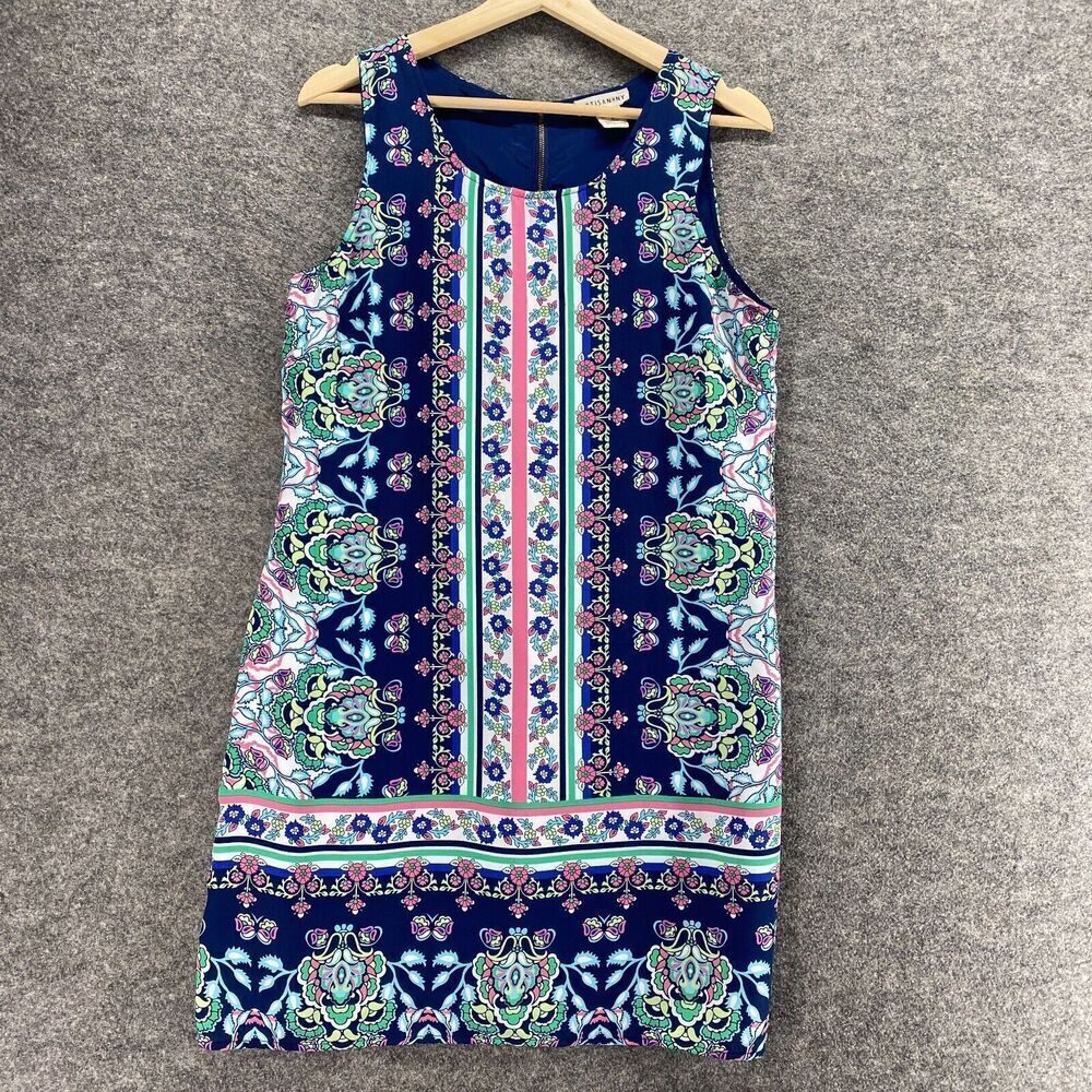 Artisan NY Dress Women 6 Blue Floral Shift Midi Zipper Sleeveless Lined Casual
